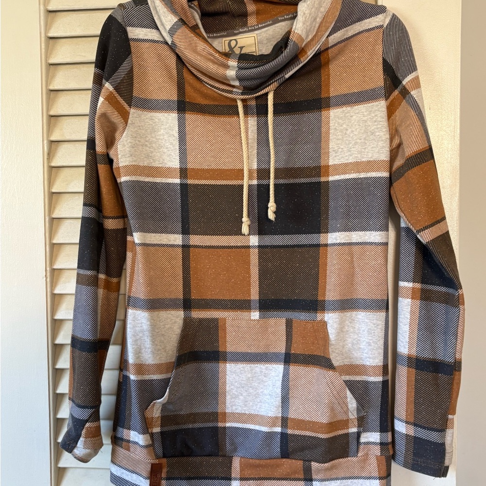 AMPERSAND AVE Plaid Cowl Neck Pullover in Brown & Cream Never Worn Small